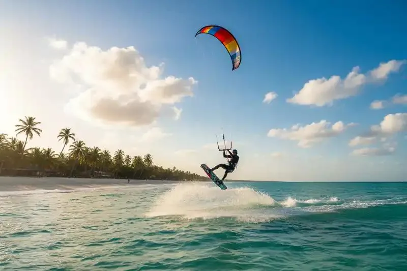 Kitesurfer riding across the Indian Ocean near Galu Beach on Kenya's South Coast.
