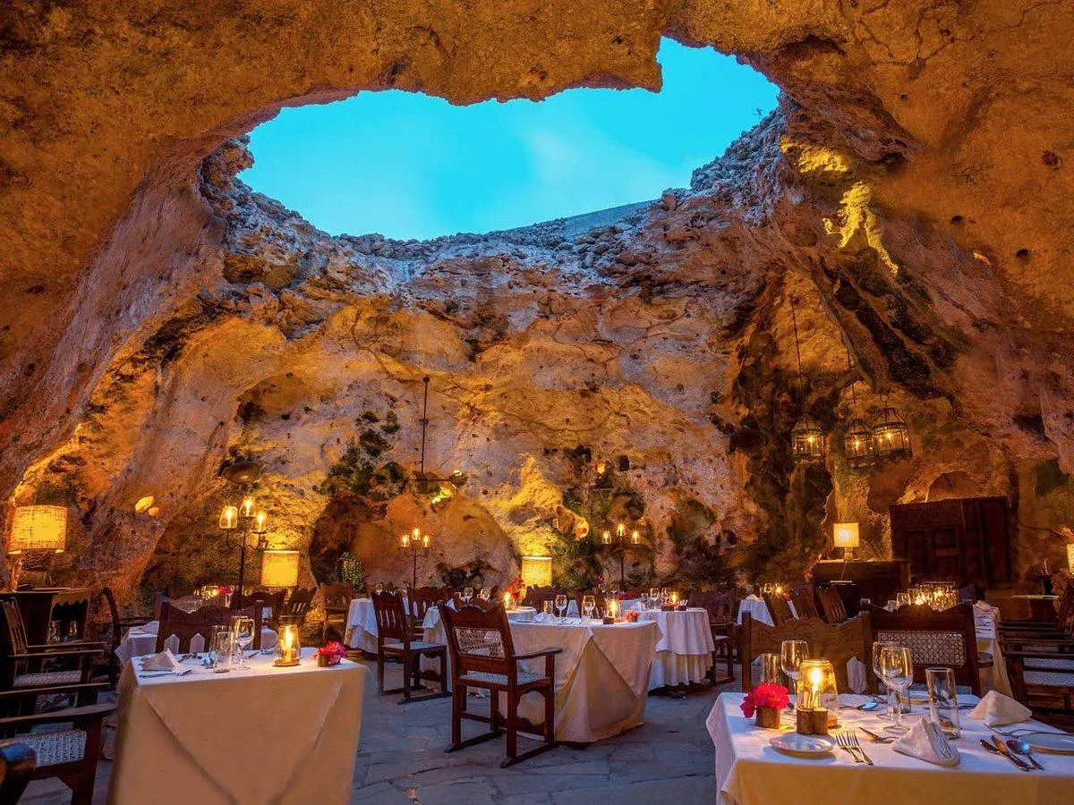 Dinner setting at Ali Barbour’s Cave Restaurant in Diani, Kenya.